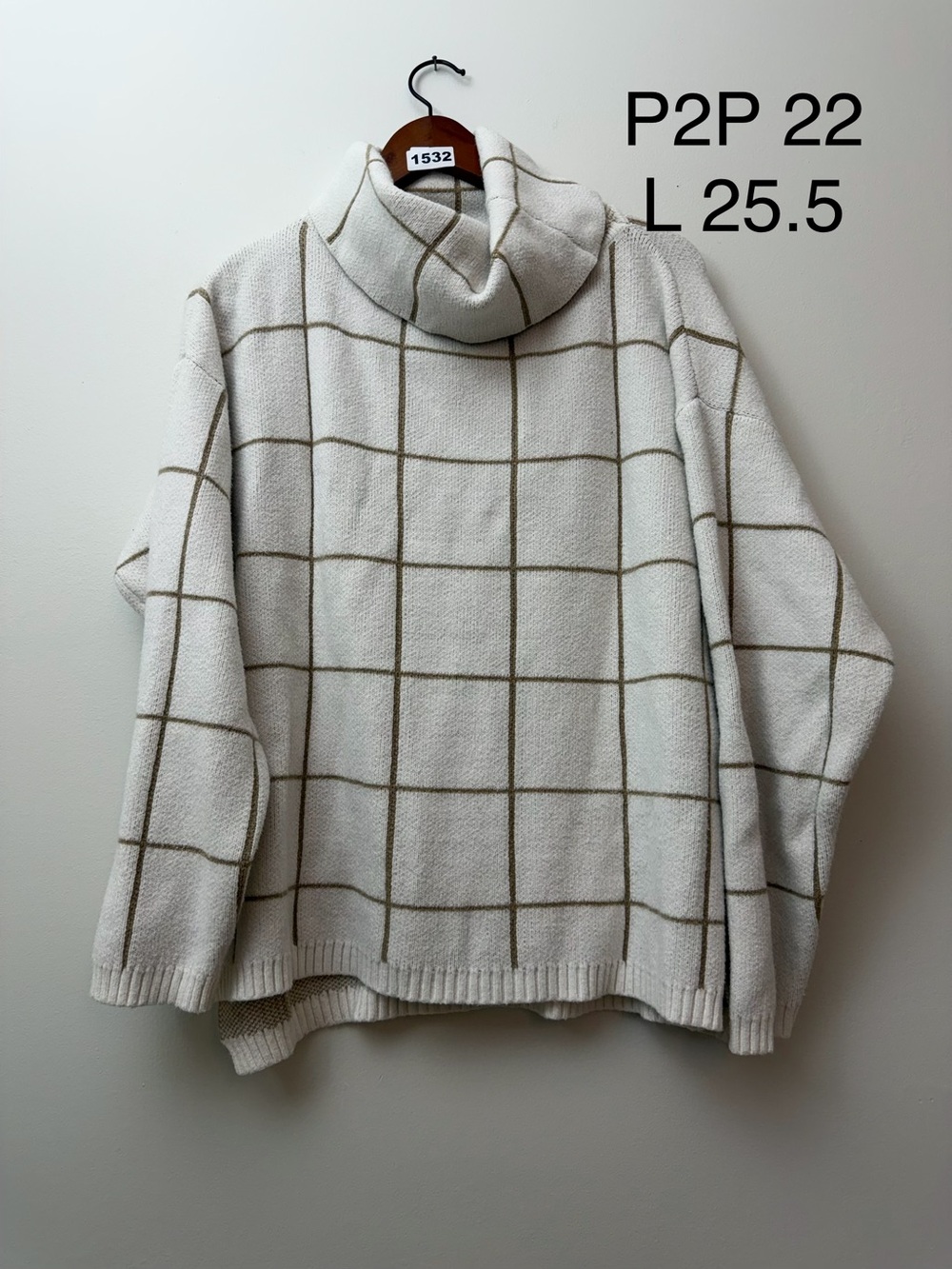 Oversized Cream Windowpane Cowl Neck Sweater L/XL Minimalist Preppy - Picture 2 of 6